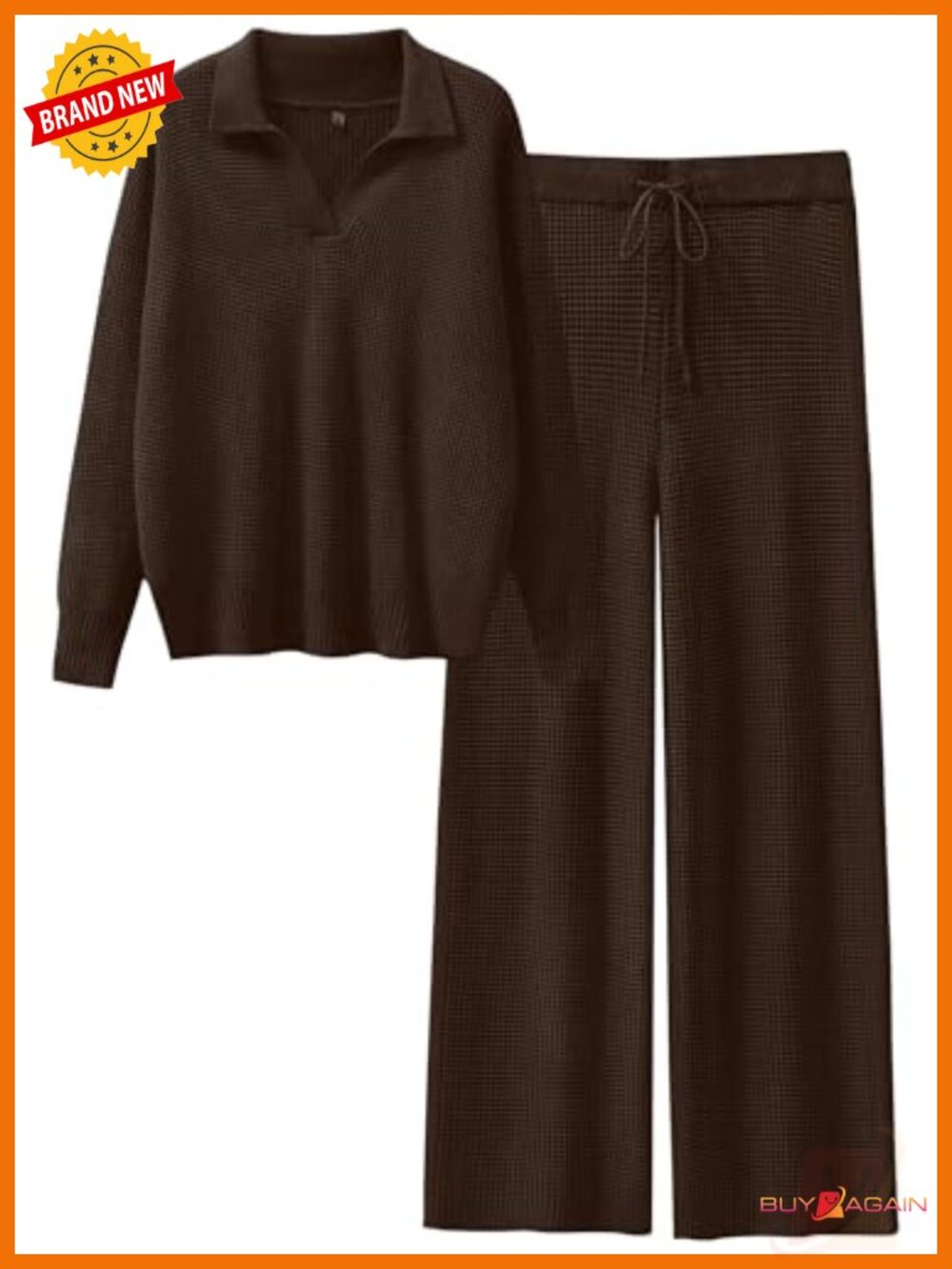 Waffle Knit 2 Piece Lounge Set V-Neck Top Wide Leg Pants Sweater Set